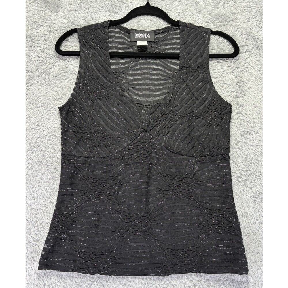 Vintage Baranda Y2K Black Tank Top‎ Sheer Small Glitter Low Cut 90's